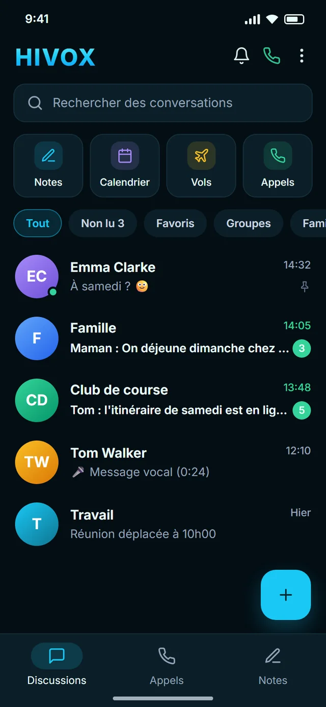 HIVOX sur un téléphone : liste des conversations